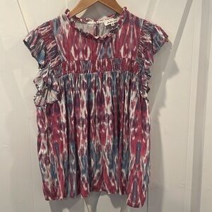 Another Love Purple Blue Ikat Ruffle Sleeveless Top Size Medium